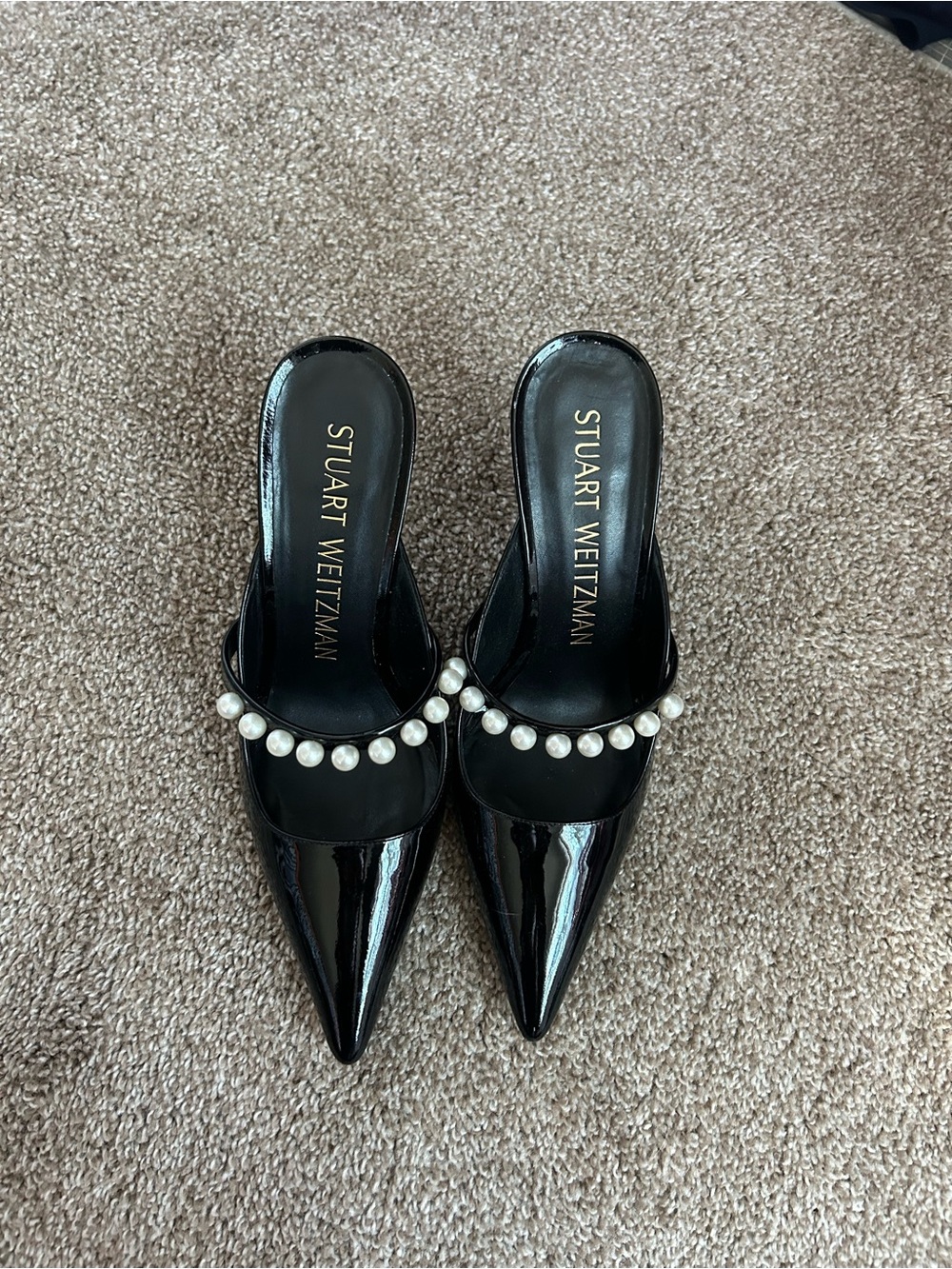 Stuart Weitzman Black Patent Pointed Mules with Pearl Trim